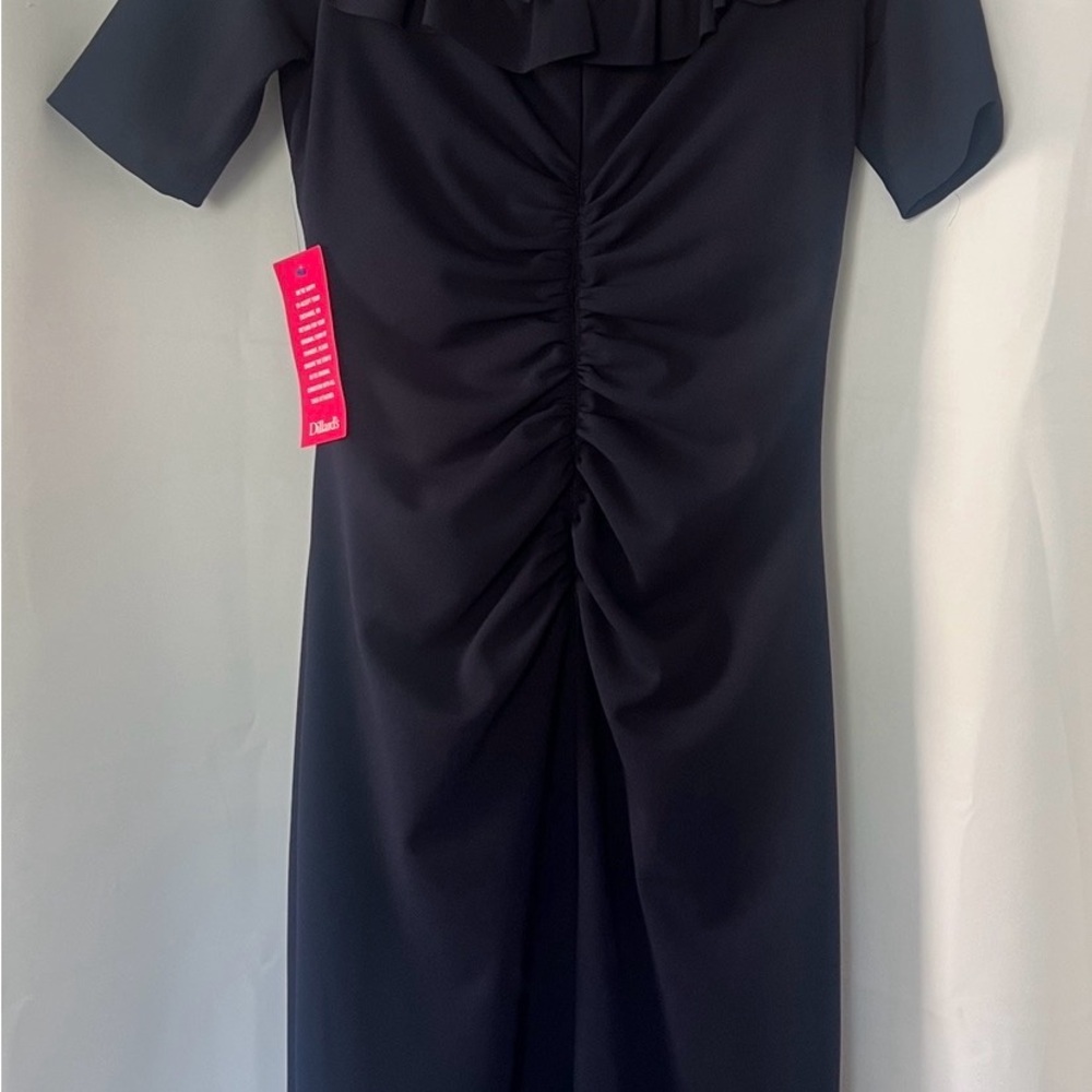 NWT Dillards Xscape Ruffle Navy Off-Shoulder Maxi Dress Gown size 12 - Picture 4 of 11